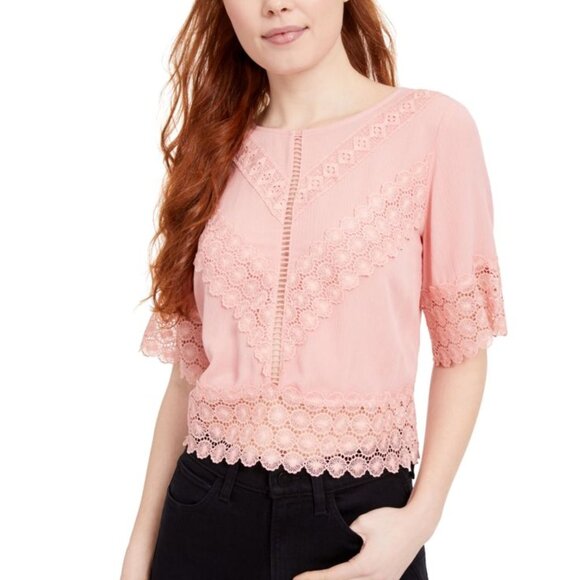 Self Esteem Pink Lace-Trim Crewneck Short Bell Sleeve Back Tie Top Size Small - Picture 1 of 7